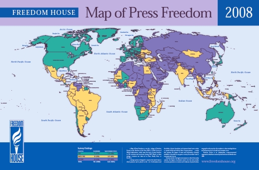 Карта свободы СМИ в странах мира 2008 года