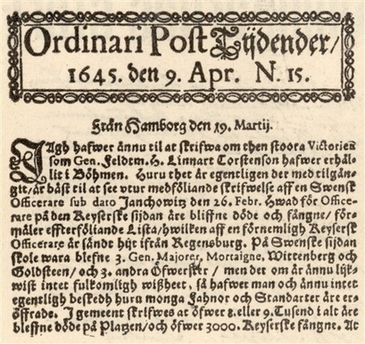 Газета Post-och Inrikes Tidningar от 9 апреля 1645 года