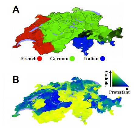 Распределение п территории Швейцарии этнических и лингвистических групп (по данным переписи населения 2000 года)